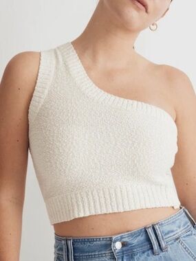 Madewell Cream One-Shoulder Textural Knit Crop Tank
